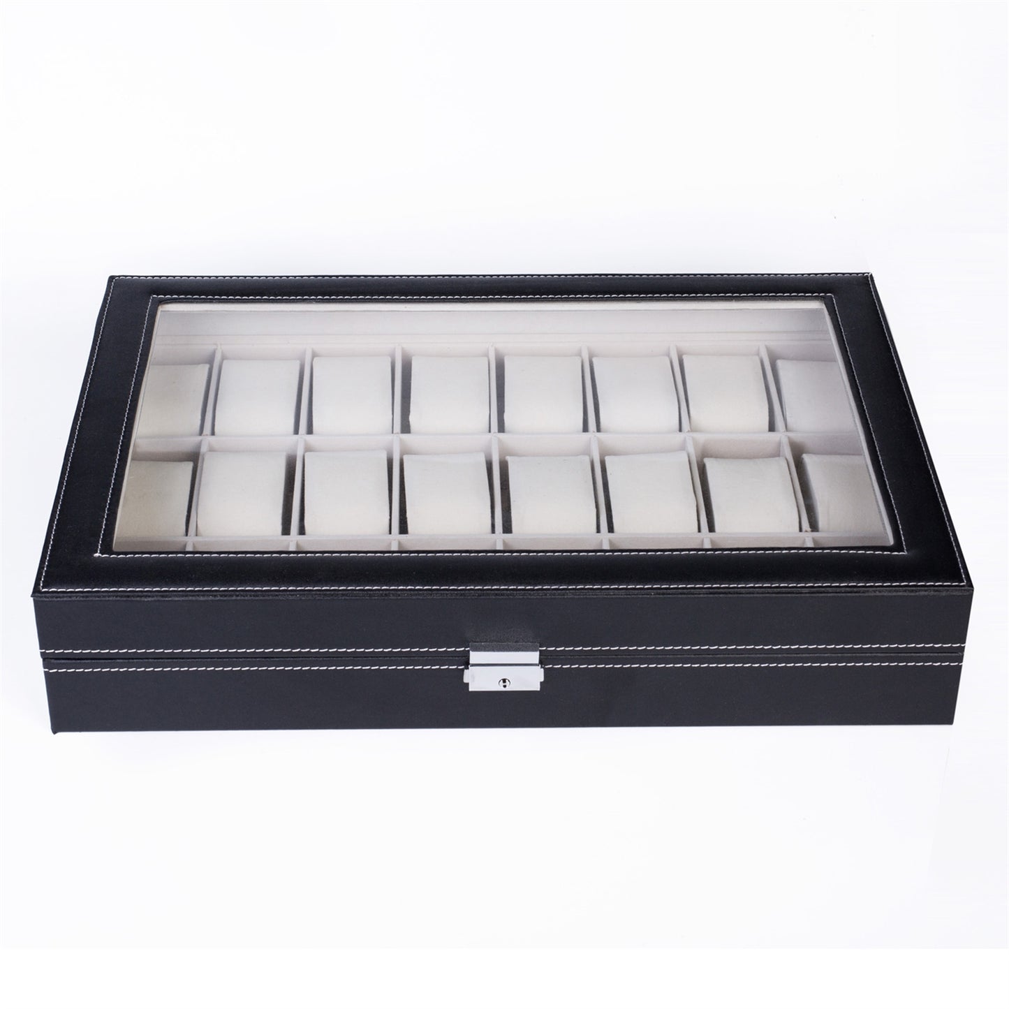 Cosmetics storage 24 Compartments Top-level Opening Style Leather Watch Collection Box Black【Local Goods】