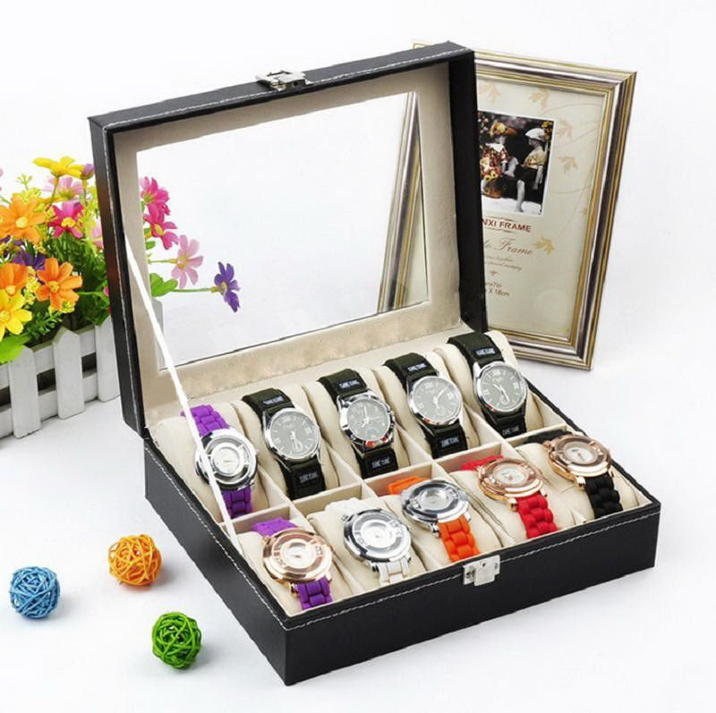 Cosmetics storage 10 Compartments High-grade Leather Watch Collection Storage Box Black【Local Goods】