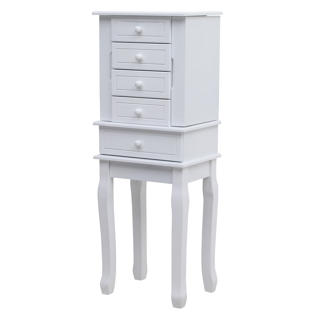 Cosmetics storage Standing Jewelry Armoire with Mirror, 5 Drawers & 14 Necklace Hooks, Jewelry Cabinet Chest with Removable Ring Storage Slot and Top Storage Organizer , 2 Side Swing Doors(White)【Local Goods】