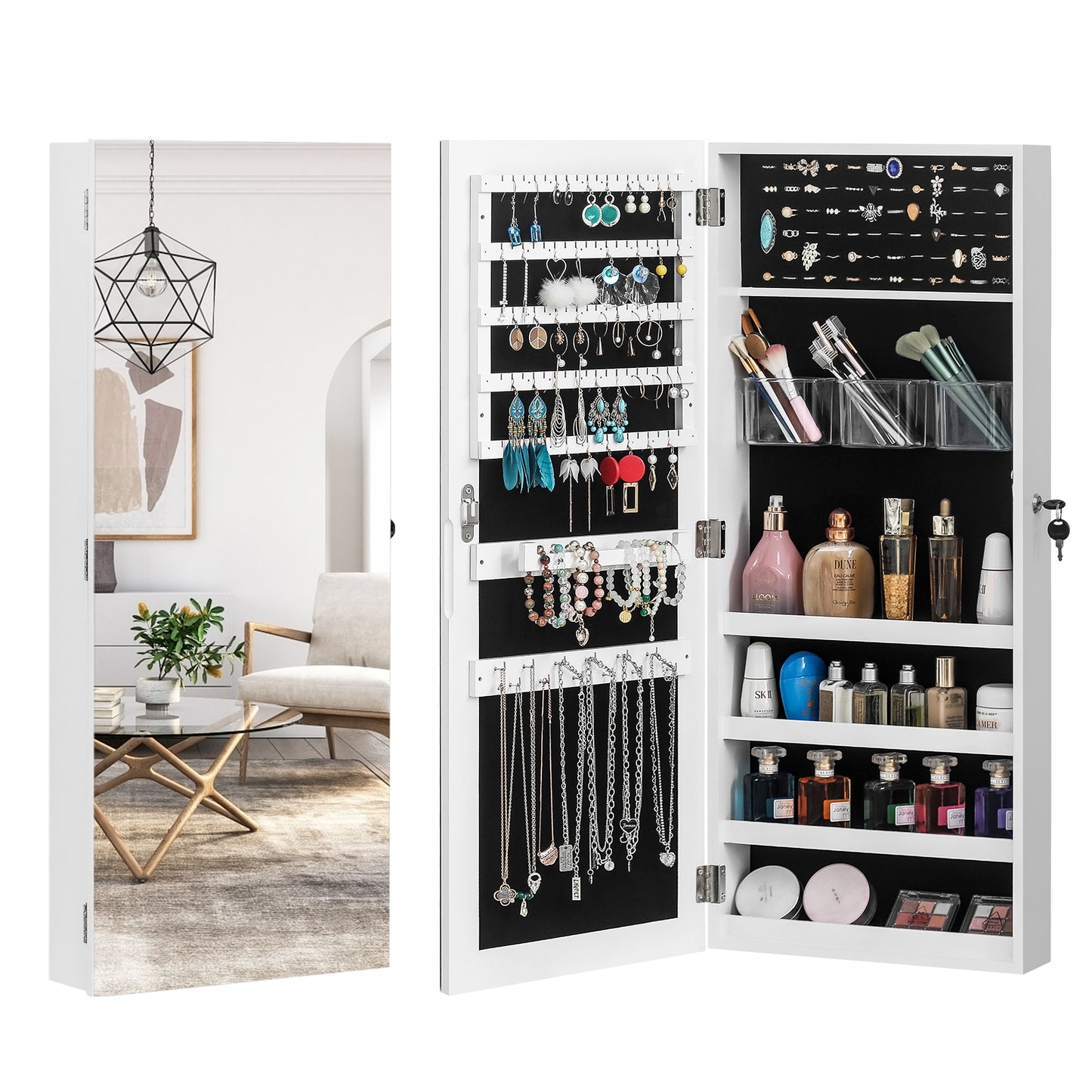 Cosmetics storage The Whole Surface PVC Film Wall Hanging Door With Lock Jewelry Cabinet Fitting Mirror Cabinet【Local Goods】