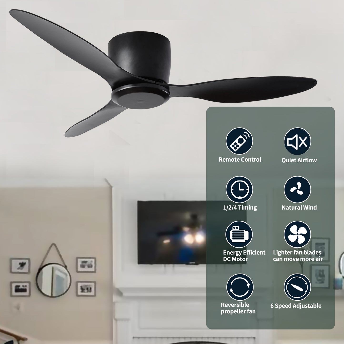Household Appliances 42" Flush Mount Ceiling Fan without light, 3 Reversible Blades, with 6 Speeds Reversible DC Motor,Low Profile Ceiling Fan with no light for Living Room Kitchen Bedroom