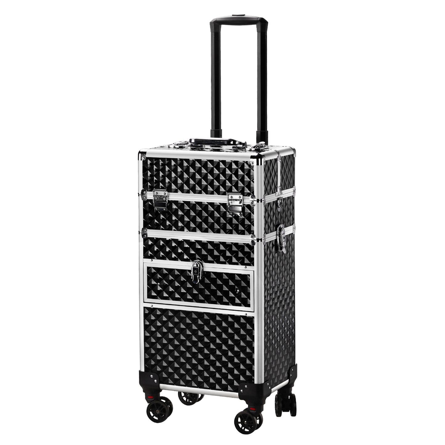 Cosmetics storage 2-in-1 Front Drawer with Slide Rails, Flat Left Drawer, Detachable Universal Wheels, Aluminum, Diamond Pattern, Black, Cosmetic Case, 34*24*72.5cm【Local Goods】