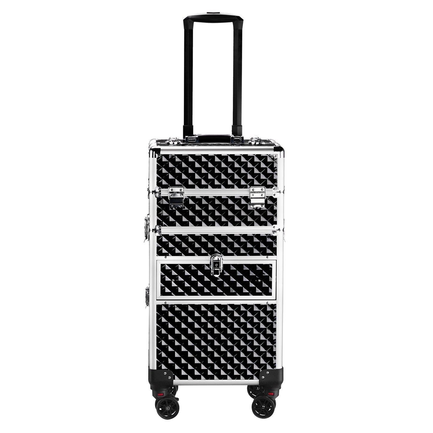 Cosmetics storage 2-in-1 Front Drawer with Slide Rails, Flat Left Drawer, Detachable Universal Wheels, Aluminum, Diamond Pattern, Black, Cosmetic Case, 34*24*72.5cm【Local Goods】