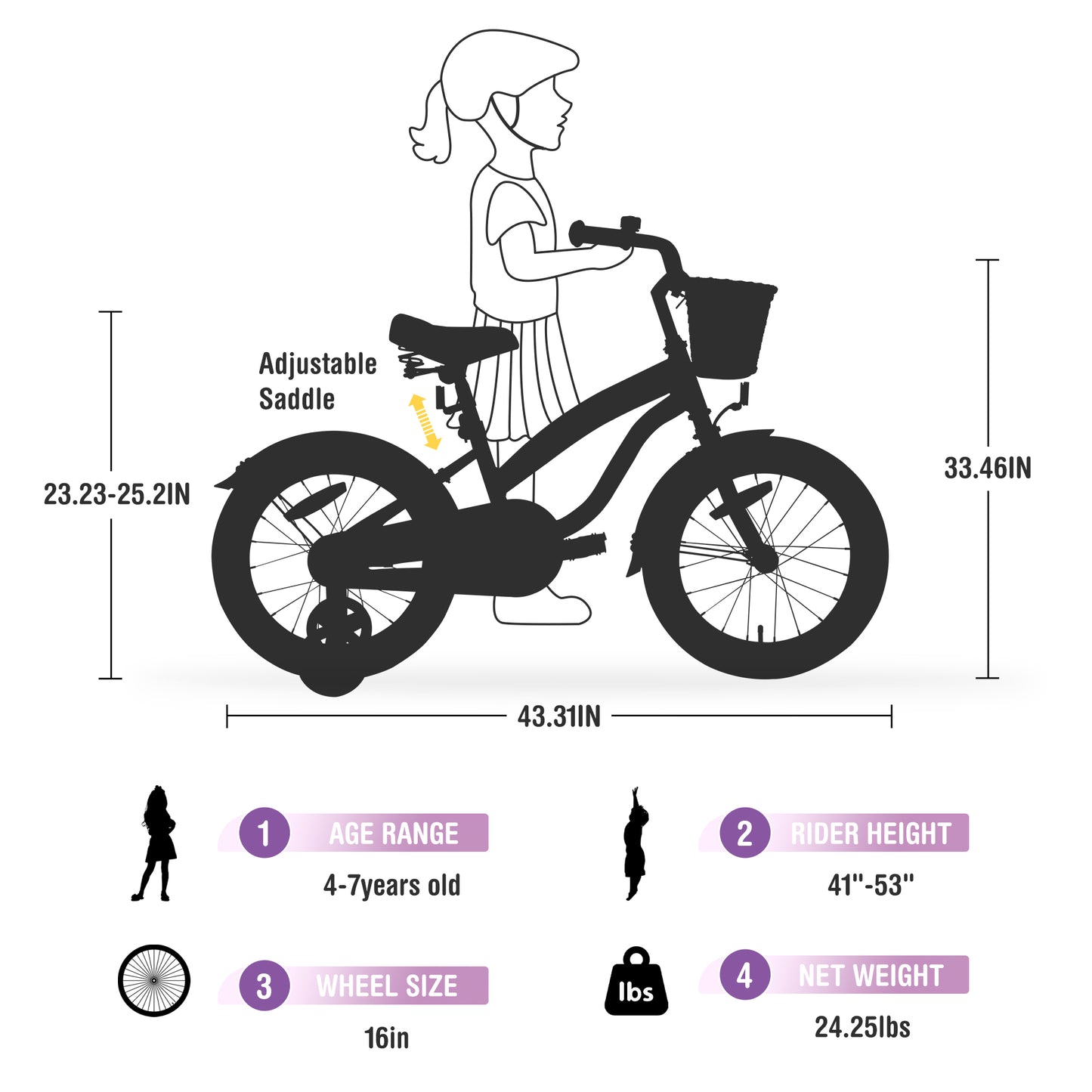 Ride and Slide Multiple Colors,Girls Bike for4-7 Years Old Kids,16 inch wheel ,Training Wheels Included
