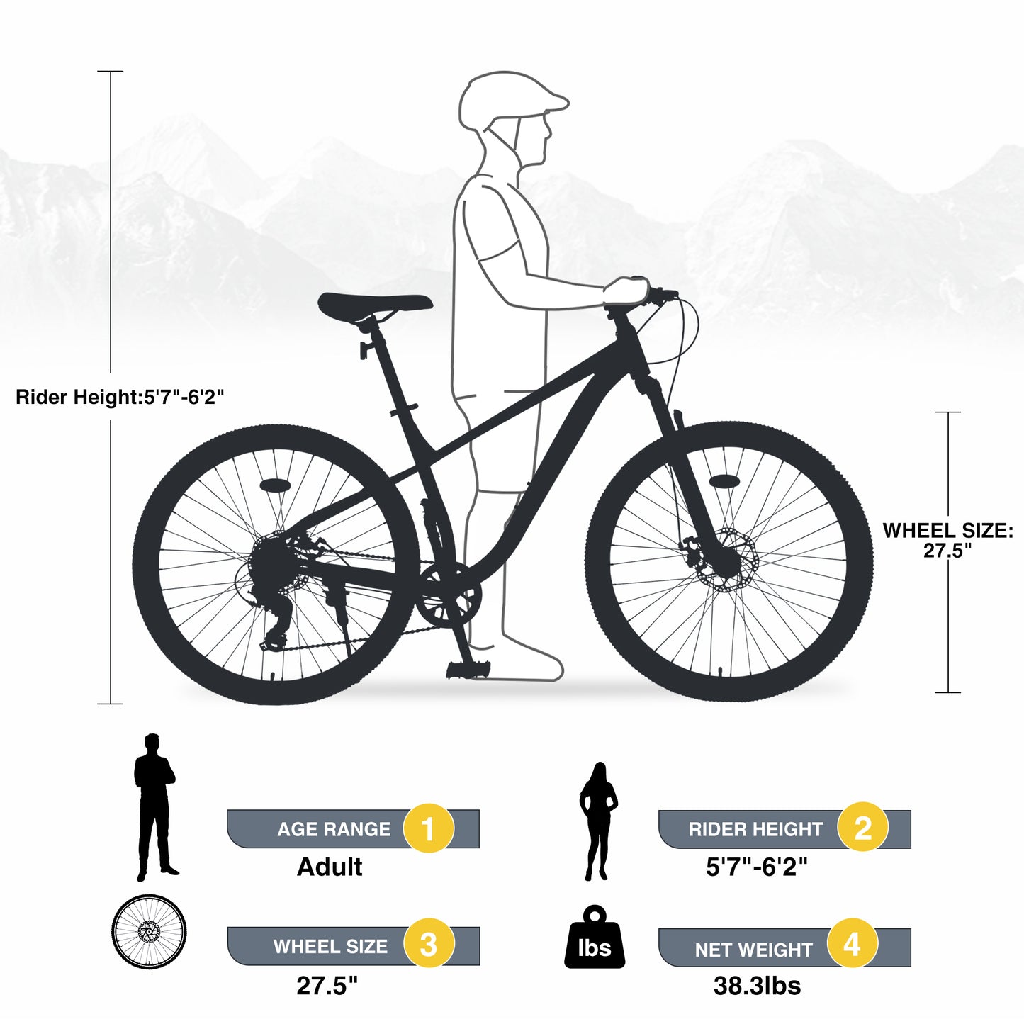 Ride and Slide 27.5 Inch Wheels 8 Speed Mountain Bike, for Men Women Boys and Girls, Front Suspension, Steel Frame