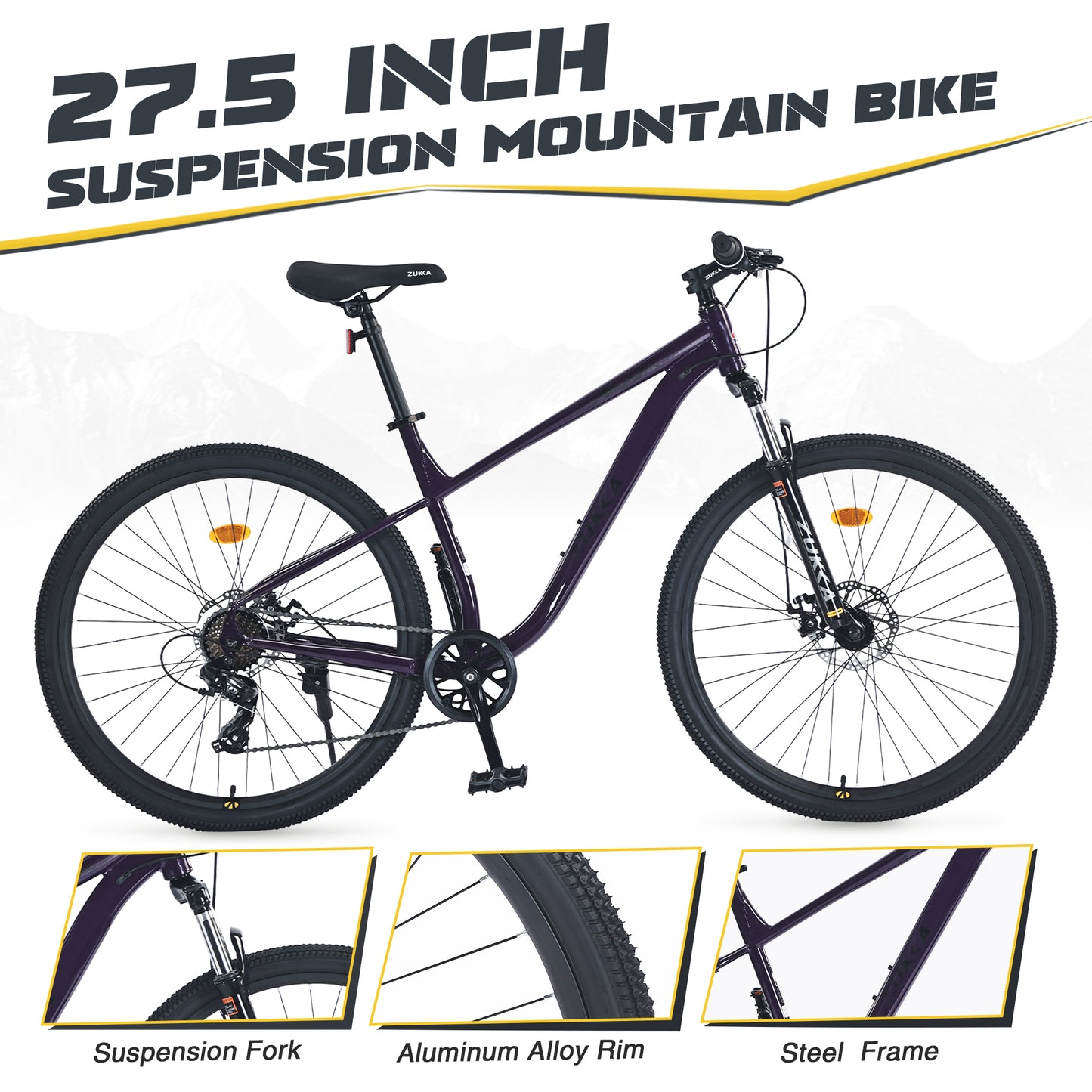 Ride and Slide 27.5 Inch Wheels 8 Speed Mountain Bike, for Men Women Boys and Girls, Front Suspension, Steel Frame