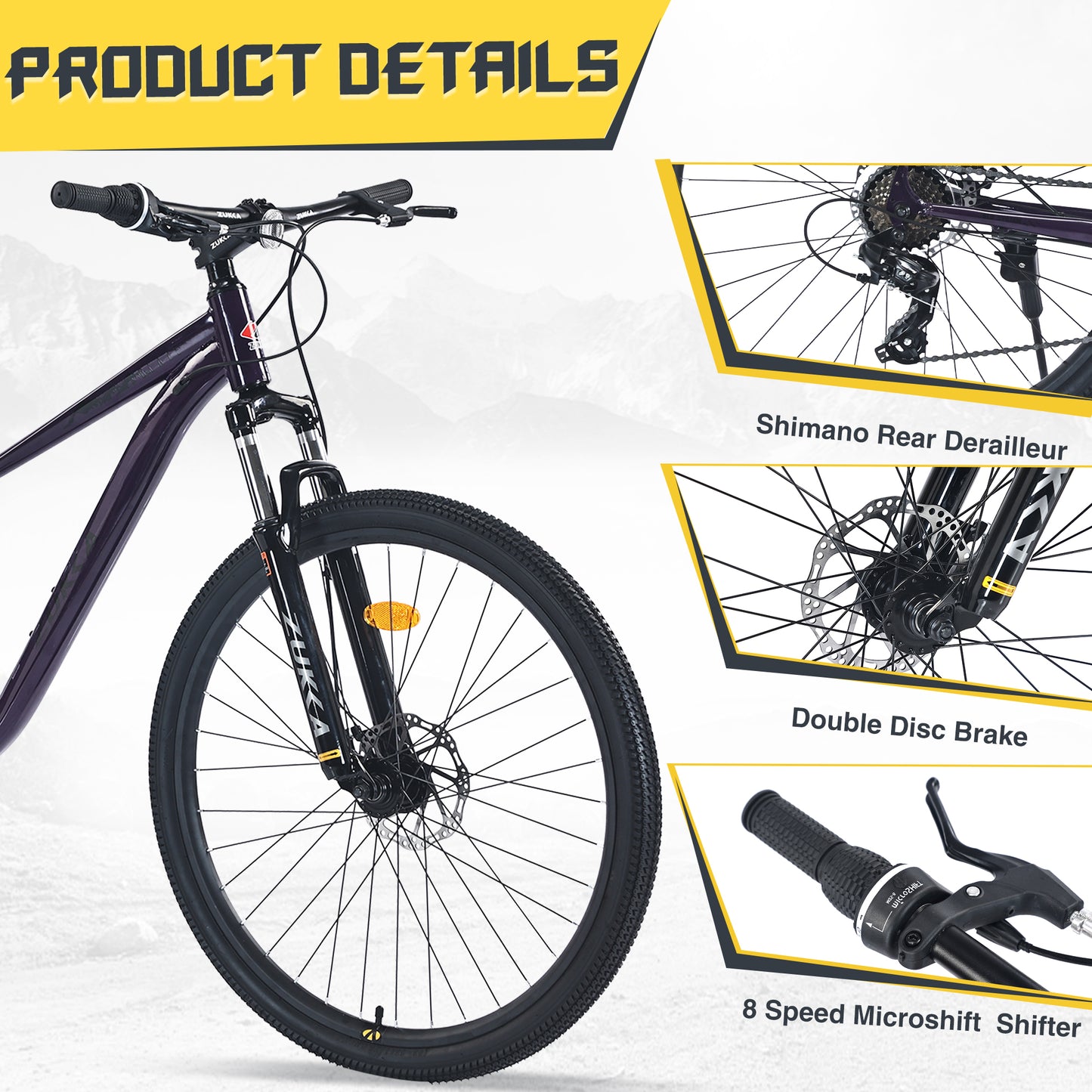 Ride and Slide 27.5 Inch Wheels 8 Speed Mountain Bike, for Men Women Boys and Girls, Front Suspension, Steel Frame