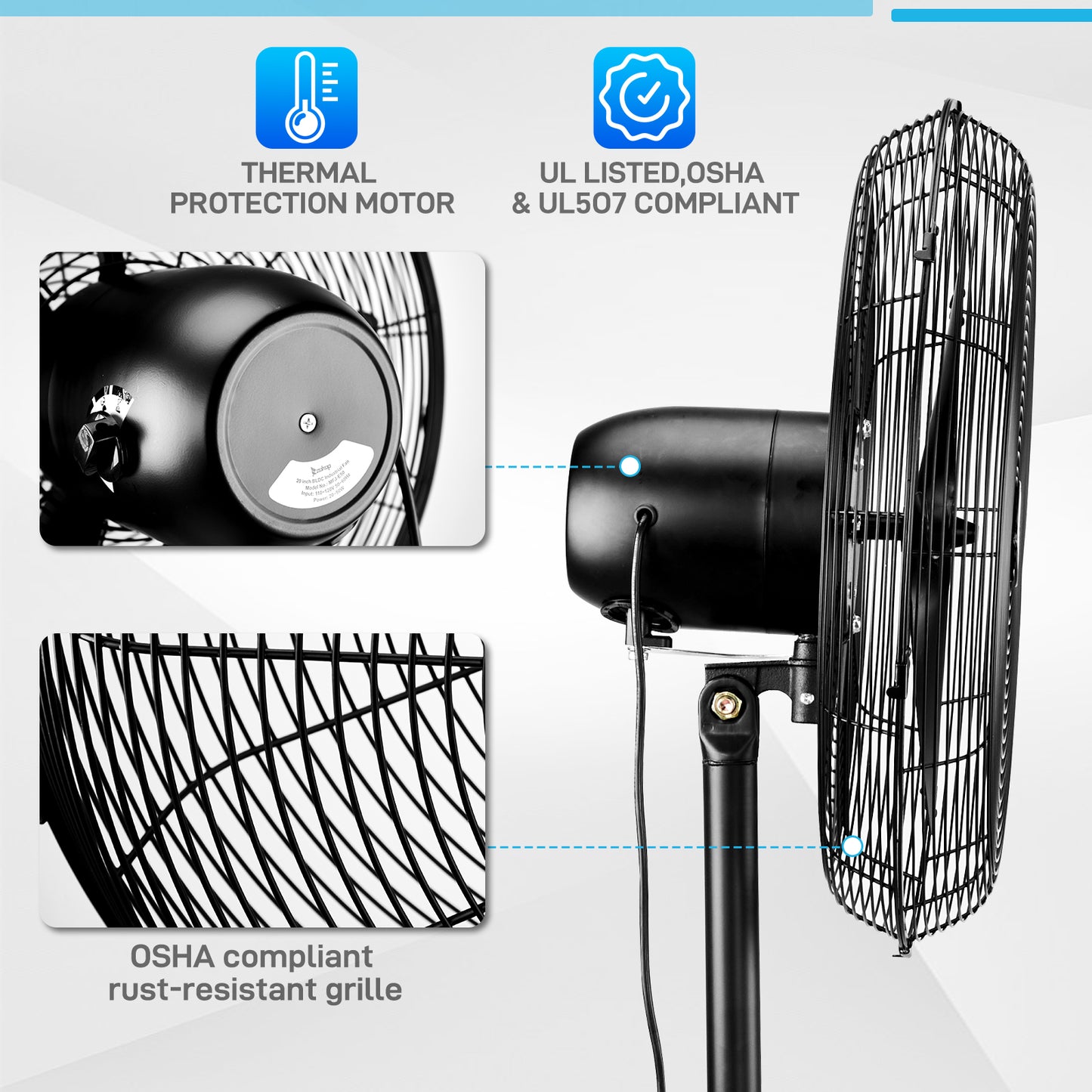 Household Appliances 20 Inch Pedestal Floor Fan 5000CFM, Oscillating Standing Fan, Adjustable Rod, 100% BLDC Copper Motor,4 Speeds, Aluminum Blades, Metal Stand Up Fan For Industrial, Commercial, Residential, Shop
