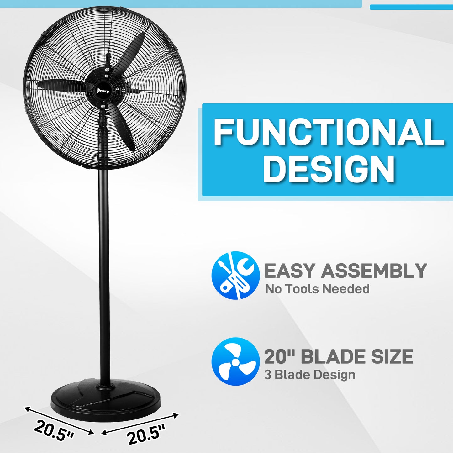 Household Appliances 20 Inch Pedestal Floor Fan 5000CFM, Oscillating Standing Fan, Adjustable Rod, 100% BLDC Copper Motor,4 Speeds, Aluminum Blades, Metal Stand Up Fan For Industrial, Commercial, Residential, Shop