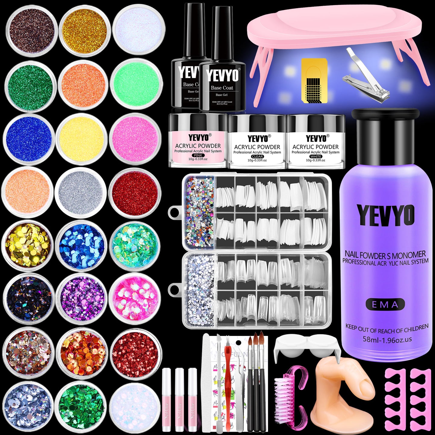 Health & Beauty Professional Acrylic Nail Kit, with Pink Nail UV LED lamps, Acrylic Powders, Base Top Coat, Nail Tips, Rhinestones, Nail Decorations and Nail Art Tools