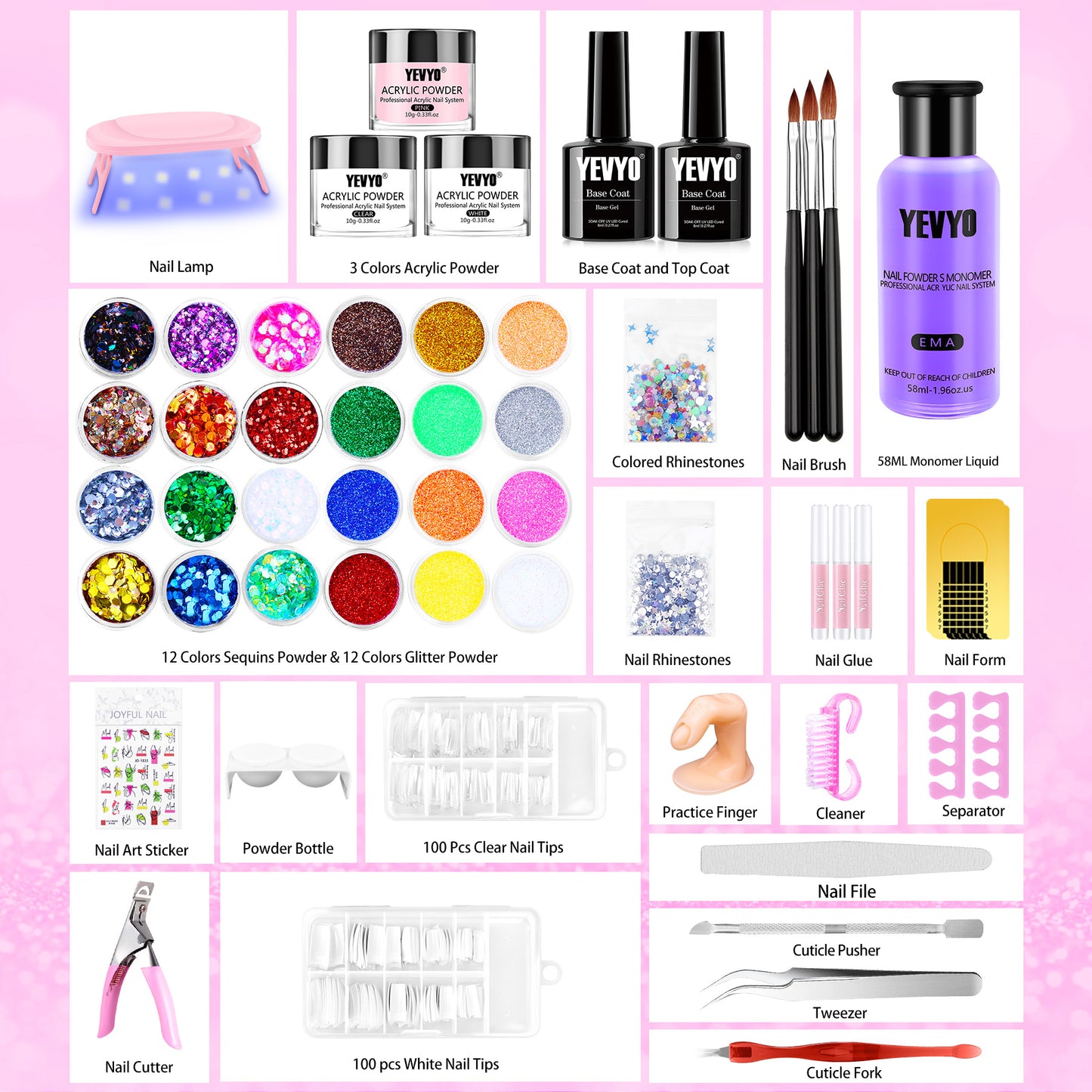 Health & Beauty Professional Acrylic Nail Kit, with Pink Nail UV LED lamps, Acrylic Powders, Base Top Coat, Nail Tips, Rhinestones, Nail Decorations and Nail Art Tools