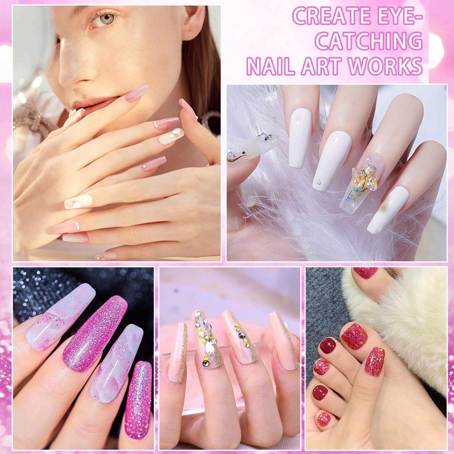 Health & Beauty Professional Acrylic Nail Kit, with Pink Nail UV LED lamps, Acrylic Powders, Base Top Coat, Nail Tips, Rhinestones, Nail Decorations and Nail Art Tools