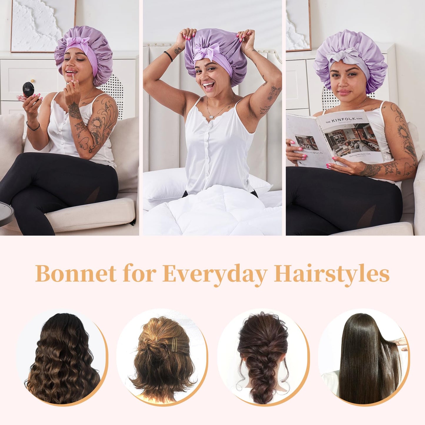 Health & Beauty Silk Bonnet for Sleeping Women, Satin Hair Bonnet for Sleeping for Wavy Curly Natural Hair Women Men - Rose Red