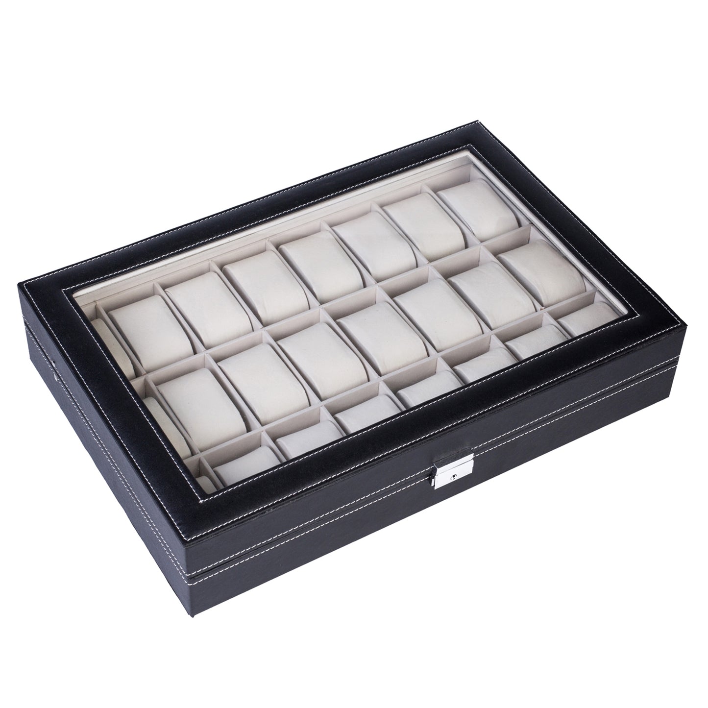 Cosmetics storage 24 Compartments Top-level Opening Style Leather Watch Collection Box Black【Local Goods】