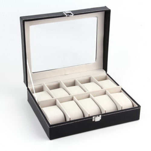 Cosmetics storage 10 Compartments High-grade Leather Watch Collection Storage Box Black【Local Goods】