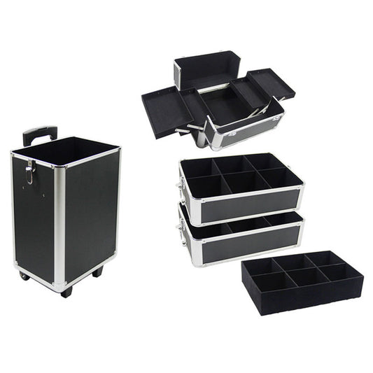 Cosmetics storage 4-in-1 Draw-bar Style Interchangeable Aluminum Rolling Makeup Case Black【Local Goods】