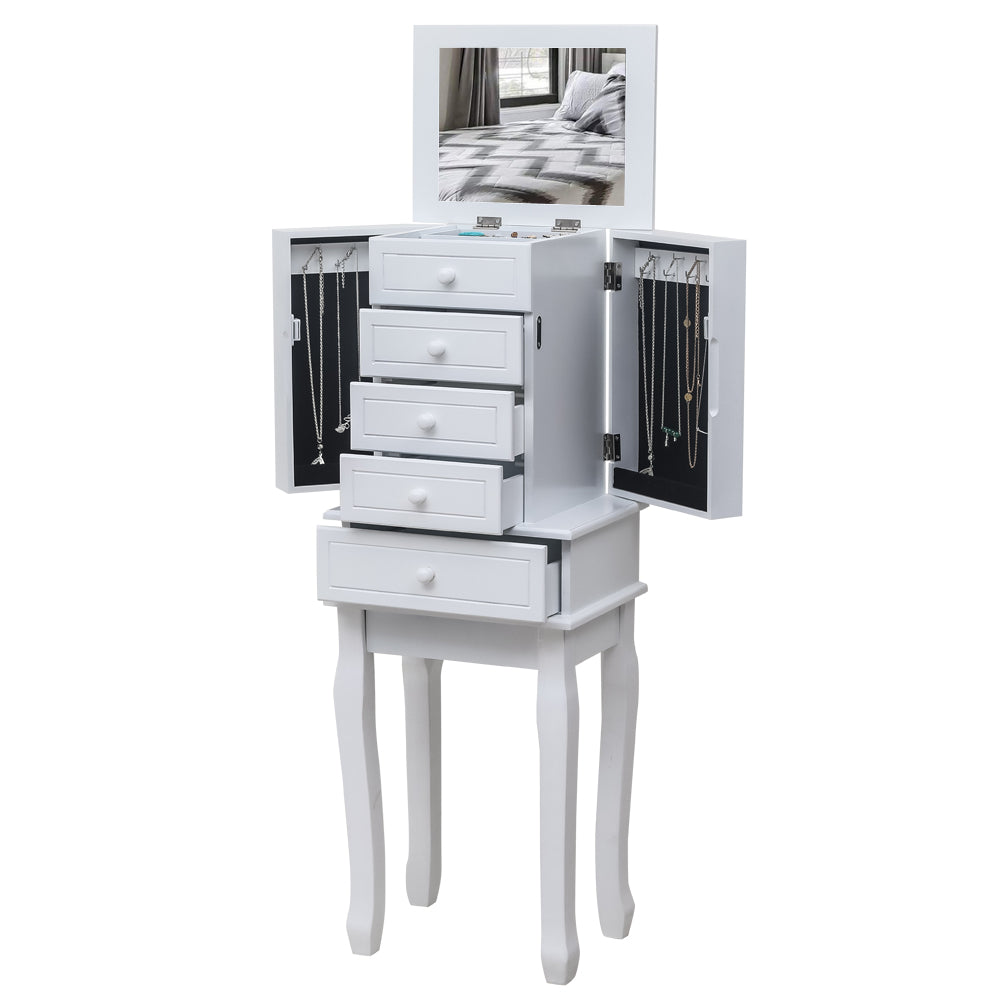 Cosmetics storage Standing Jewelry Armoire with Mirror, 5 Drawers & 14 Necklace Hooks, Jewelry Cabinet Chest with Removable Ring Storage Slot and Top Storage Organizer , 2 Side Swing Doors(White)【Local Goods】