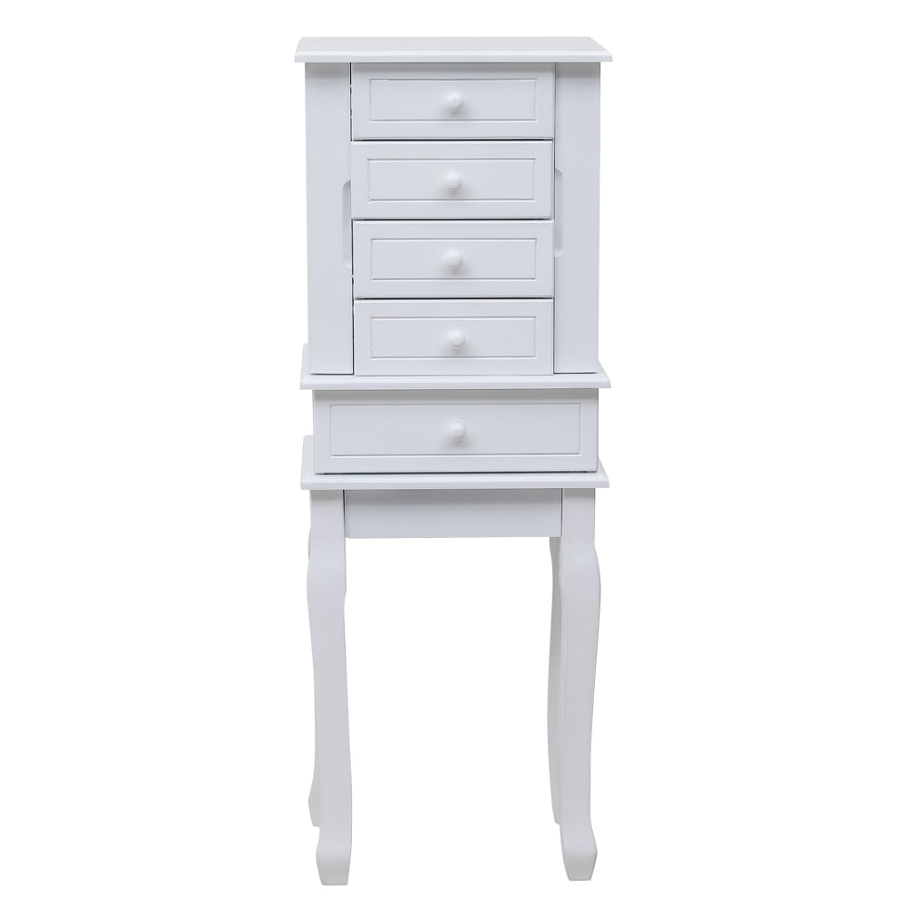 Cosmetics storage Standing Jewelry Armoire with Mirror, 5 Drawers & 14 Necklace Hooks, Jewelry Cabinet Chest with Removable Ring Storage Slot and Top Storage Organizer , 2 Side Swing Doors(White)【Local Goods】