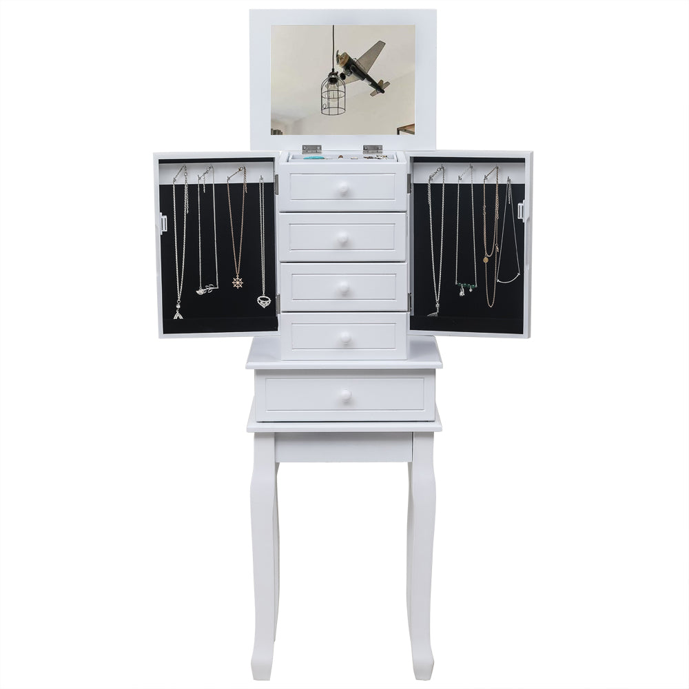 Cosmetics storage Standing Jewelry Armoire with Mirror, 5 Drawers & 14 Necklace Hooks, Jewelry Cabinet Chest with Removable Ring Storage Slot and Top Storage Organizer , 2 Side Swing Doors(White)【Local Goods】
