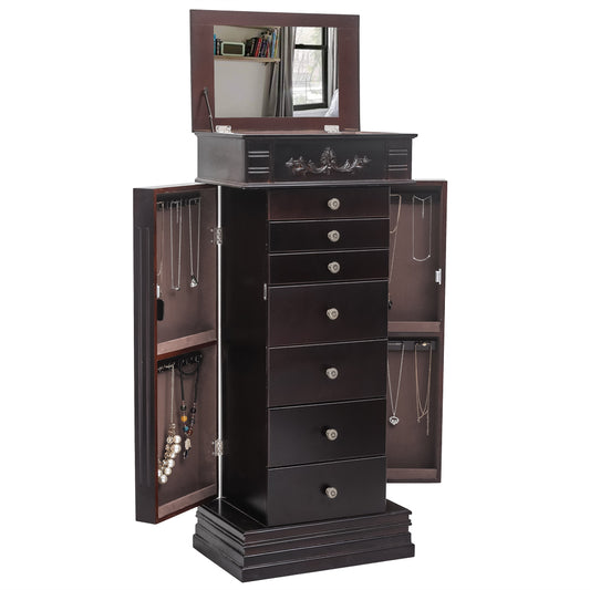 Cosmetics storage Jewelry Armoire with Mirror, 8 Drawers & 16 Necklace Hooks,  2 Side Swing Doors(Brown)【Local Goods】