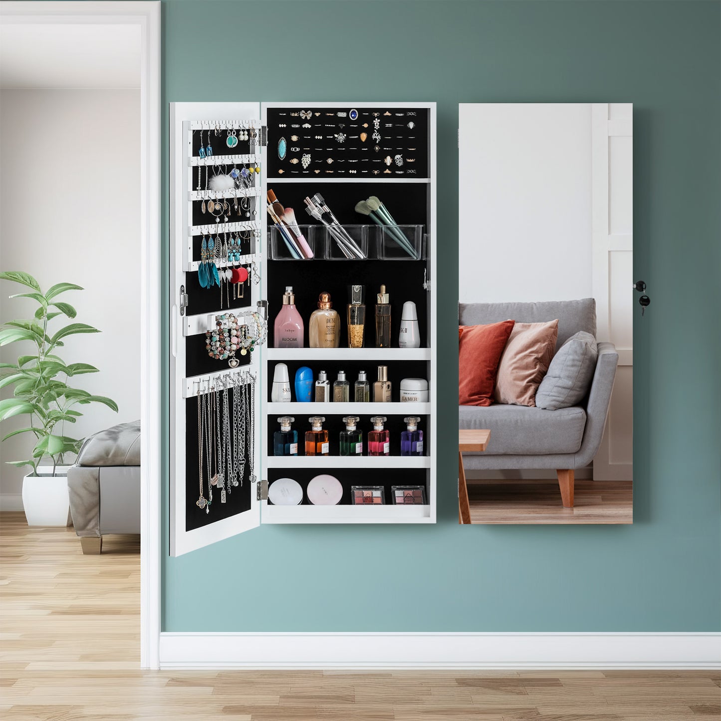 Cosmetics storage The Whole Surface PVC Film Wall Hanging Door With Lock Jewelry Cabinet Fitting Mirror Cabinet【Local Goods】