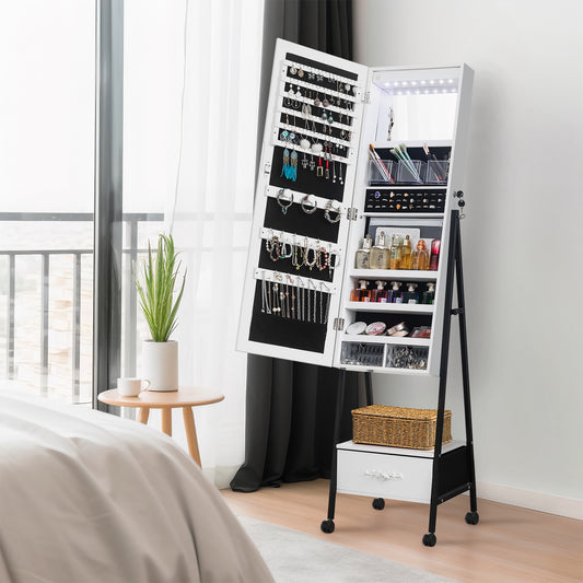 Cosmetics storage Full mirror wooden floor style, with 1 large drawer, 4 wheels, white light beads, jewelry storage mirror cabinet - white【Local Goods】