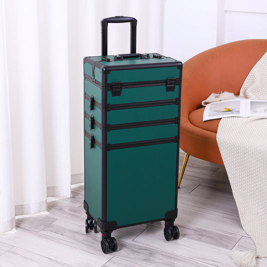 Cosmetics storage 4-in-1 Draw-bar Style Interchangeable Aluminum Rolling Makeup Case-Dark Green【Local Goods】