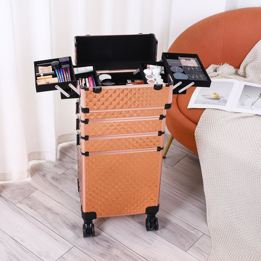 Cosmetics storage 4-in-1 Draw-bar Style Interchangeable Aluminum Rolling Makeup Case-Rose Gold【Local Goods】