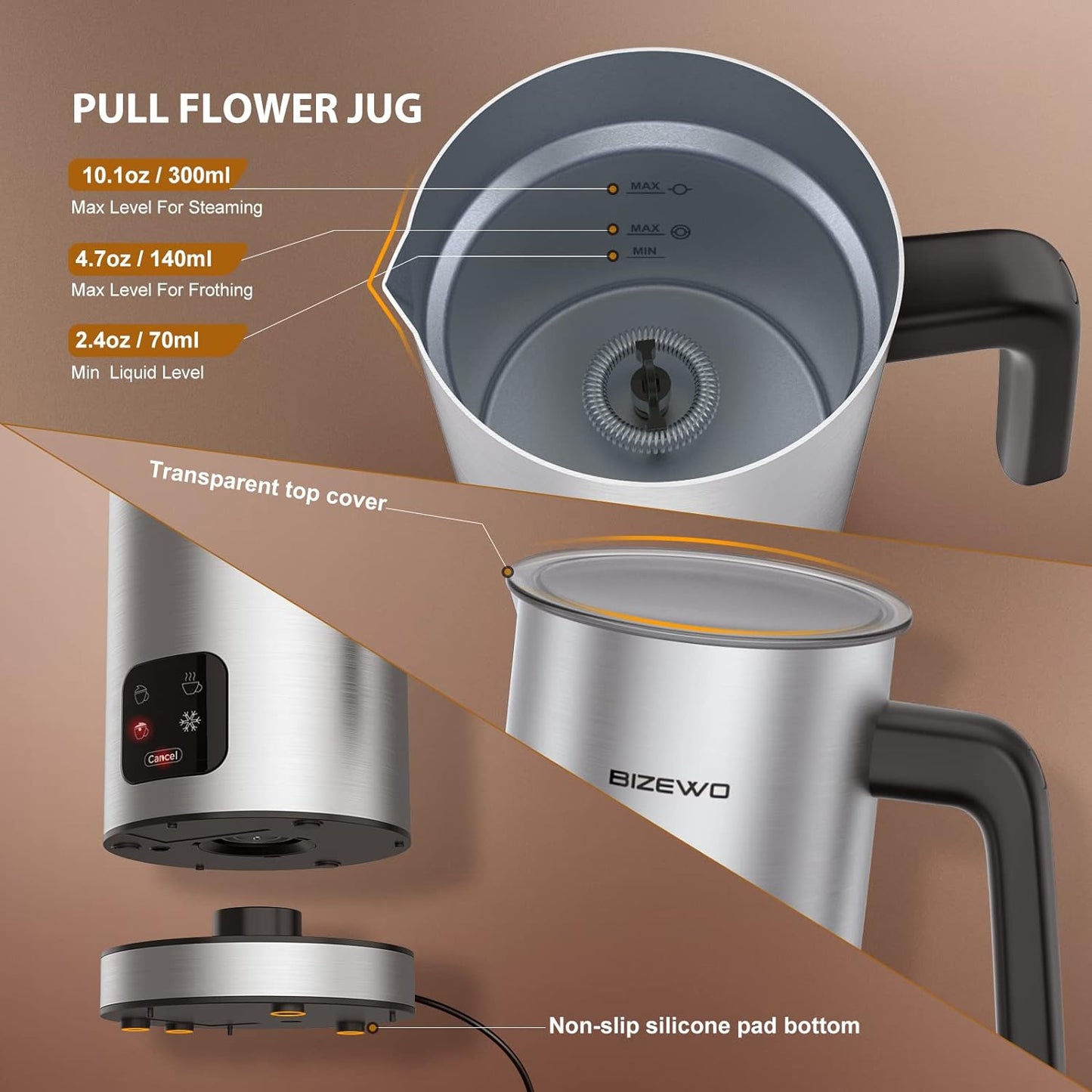 Kitchen Appliances Milk Frother and Steamer, Electric Milk Warmer with Touch Screen, BIZEWO 4 IN 1 Automatic Stainless Steel Steamer for Coffee , Latte, Hot Chocolates(Shipment from FBA)