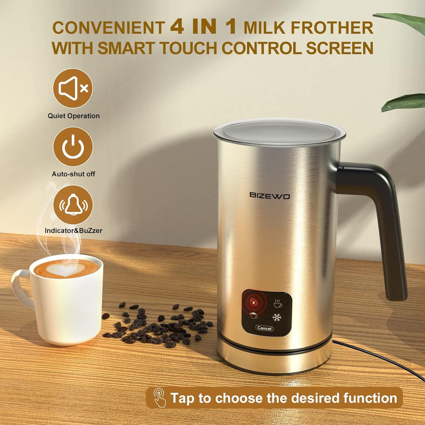 Kitchen Appliances Milk Frother and Steamer, Electric Milk Warmer with Touch Screen, BIZEWO 4 IN 1 Automatic Stainless Steel Steamer for Coffee , Latte, Hot Chocolates(Shipment from FBA)