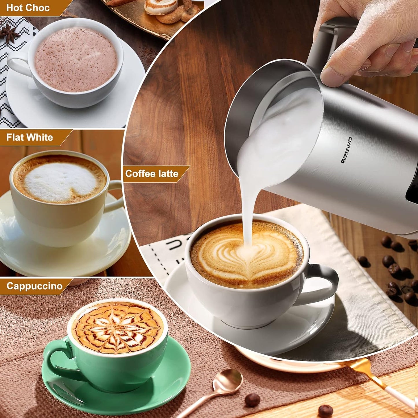 Kitchen Appliances Milk Frother and Steamer, Electric Milk Warmer with Touch Screen, BIZEWO 4 IN 1 Automatic Stainless Steel Steamer for Coffee , Latte, Hot Chocolates(Shipment from FBA)