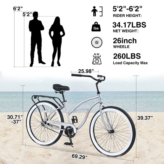 Ride and Slide Single Speed Bicycles 26"Inch,Steel Frame, Wide Wheels for Stability, Rear Coaster Brakes,Multiple Colors Men's Beach Cruiser Bike