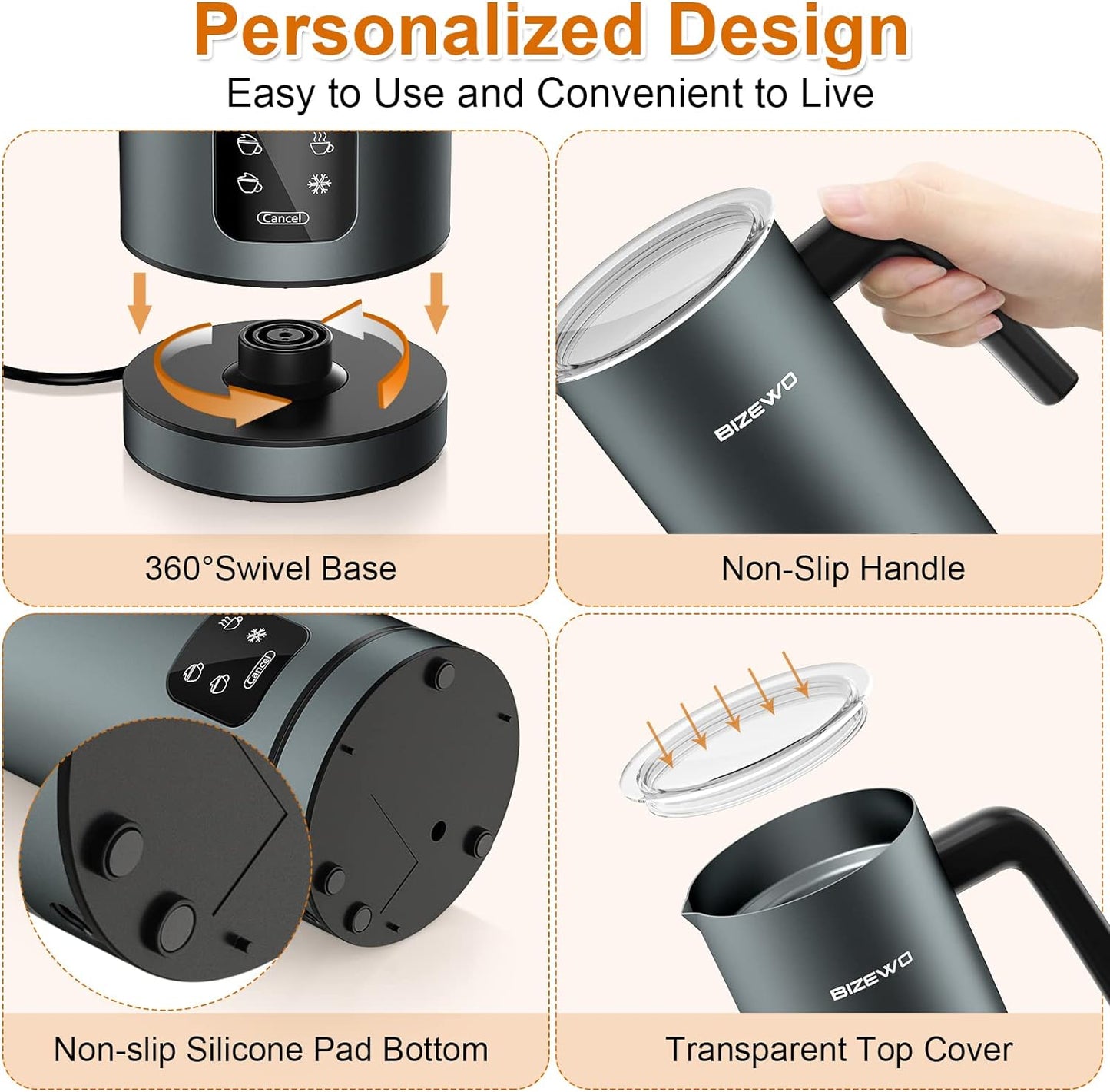 Kitchen Appliances BIZEWO Milk Frother Electric, Coffee Frother, Warm and Cold Milk Foamer, 4 IN 1 Automatic Milk Warmer Stainless Steel with Touch Screen, Frother for Coffee, Latte, Hot Chocolate