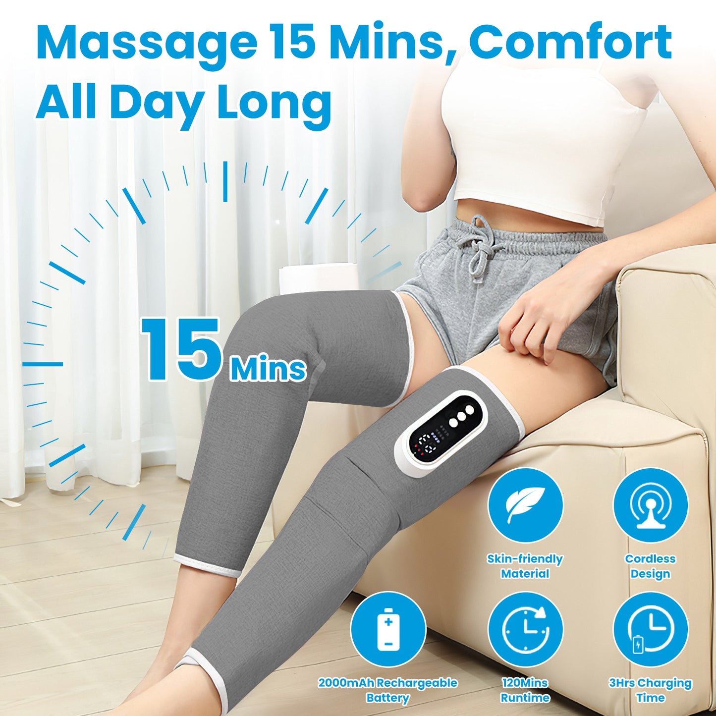 Health & Beauty Cordless Leg Massager Air Compression Massager with Heat Thigh Knee Calf Massager with 3 Modes Adjustable Wrap for Pain Relief