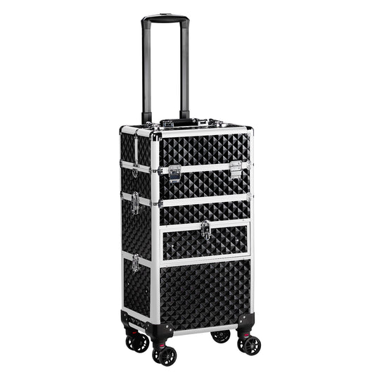 Cosmetics storage 2-in-1 Front Drawer with Slide Rails, Flat Left Drawer, Detachable Universal Wheels, Aluminum, Diamond Pattern, Black, Cosmetic Case, 34*24*72.5cm【Local Goods】