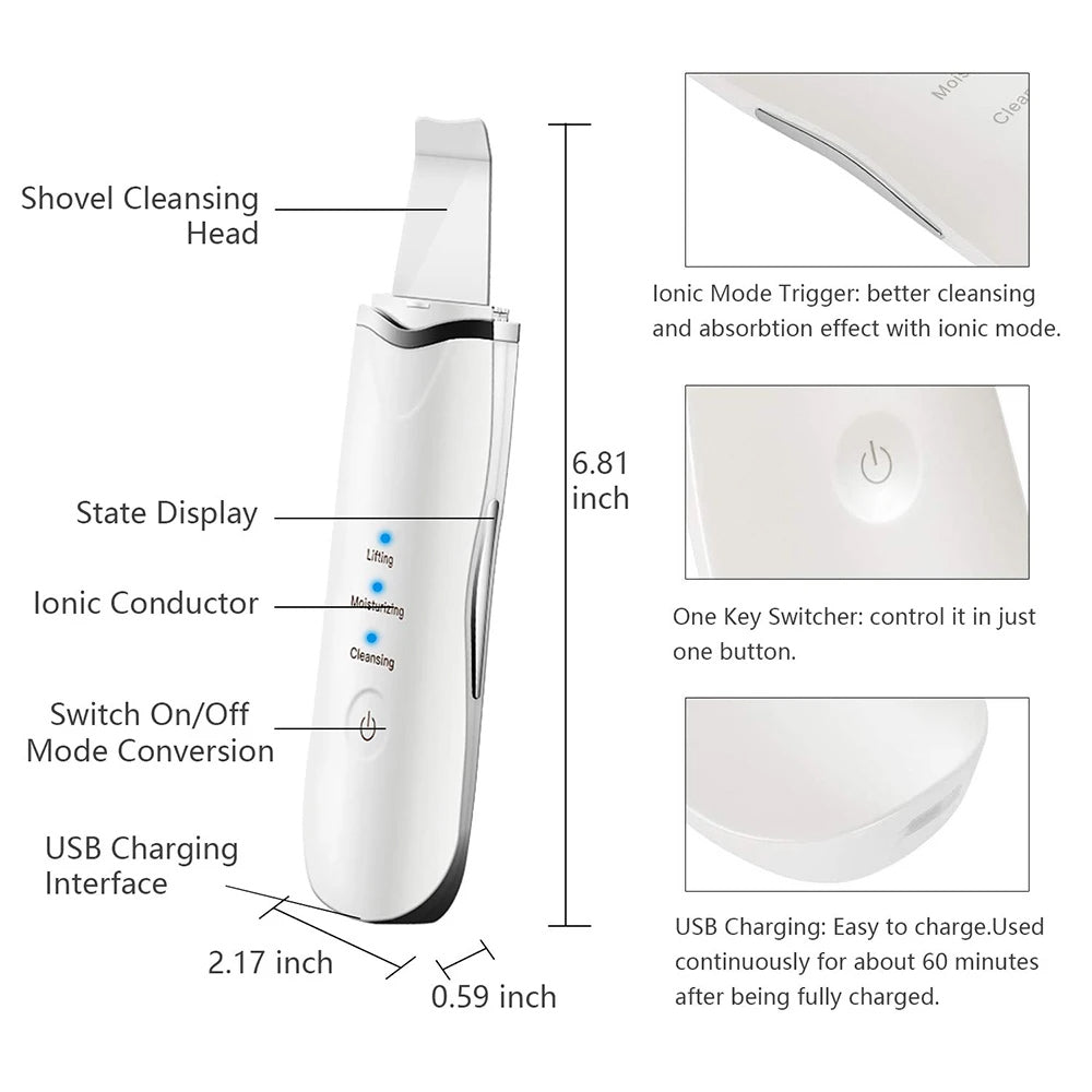Health & Beauty 3-in-1 Ultrasonic Facial Spatula for Deep Cleansing, Electric Ultrasonic Skin Scrubber