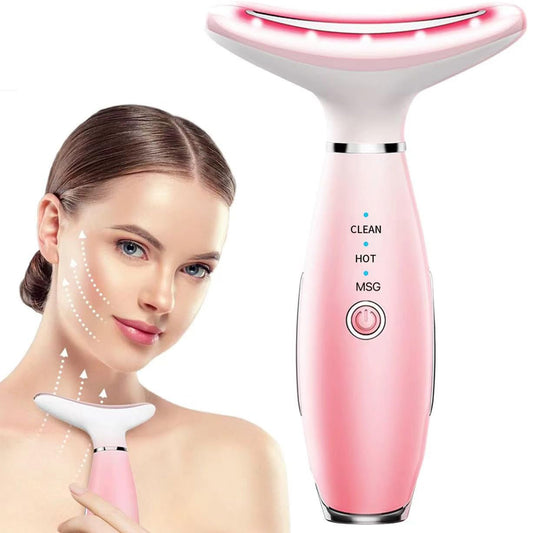 Health & Beauty Neck Face Massager, Skin Care Face Massage Tool, 3-in-1 Facial Massager, Face Sculpting Tool with Thermals, Vibration (Pink)